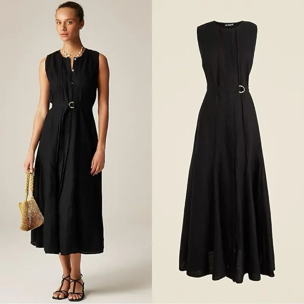NWT J CREW Seamed linen dress with removable belt in black